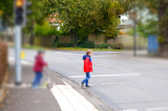 Car driver with blurred peripheral vision cannot see second child crossing the road